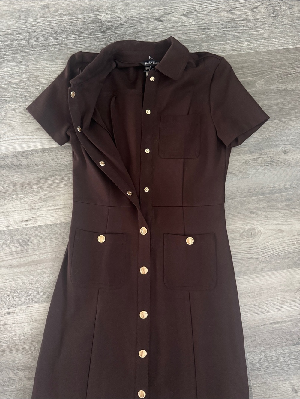 Ellen Tracy Dark Brown Midi Dress w/ Gold Snap Buttons NWT Size Small - Picture 7 of 10